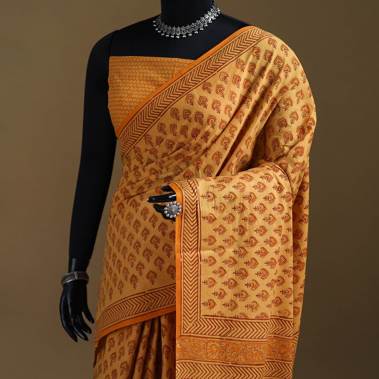 Yellow - Gamthi Hand Block Print Pure Mul Cotton Saree with Blouse Piece 51