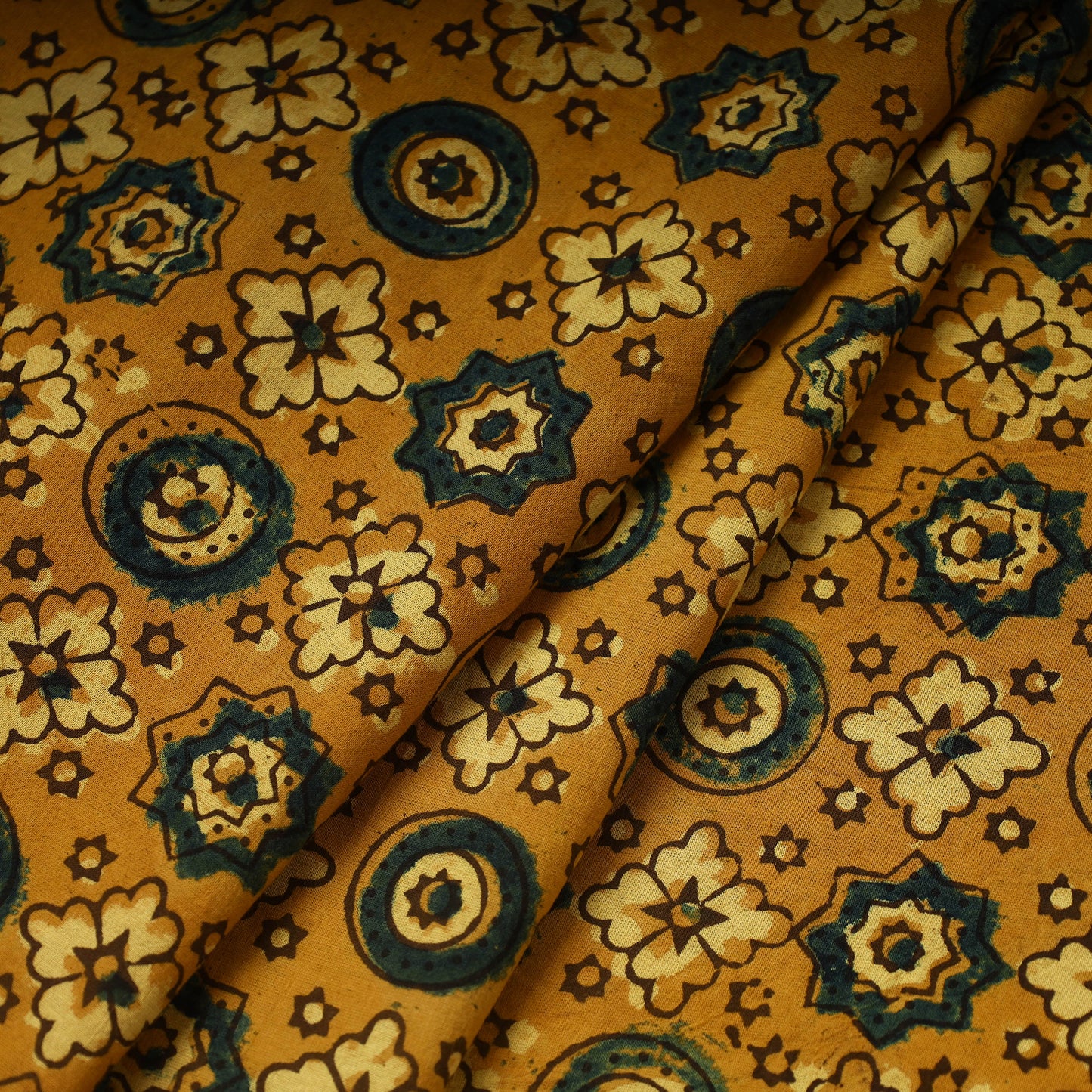 Yellow Hand Block Print Cotton Ajrakh Fabric