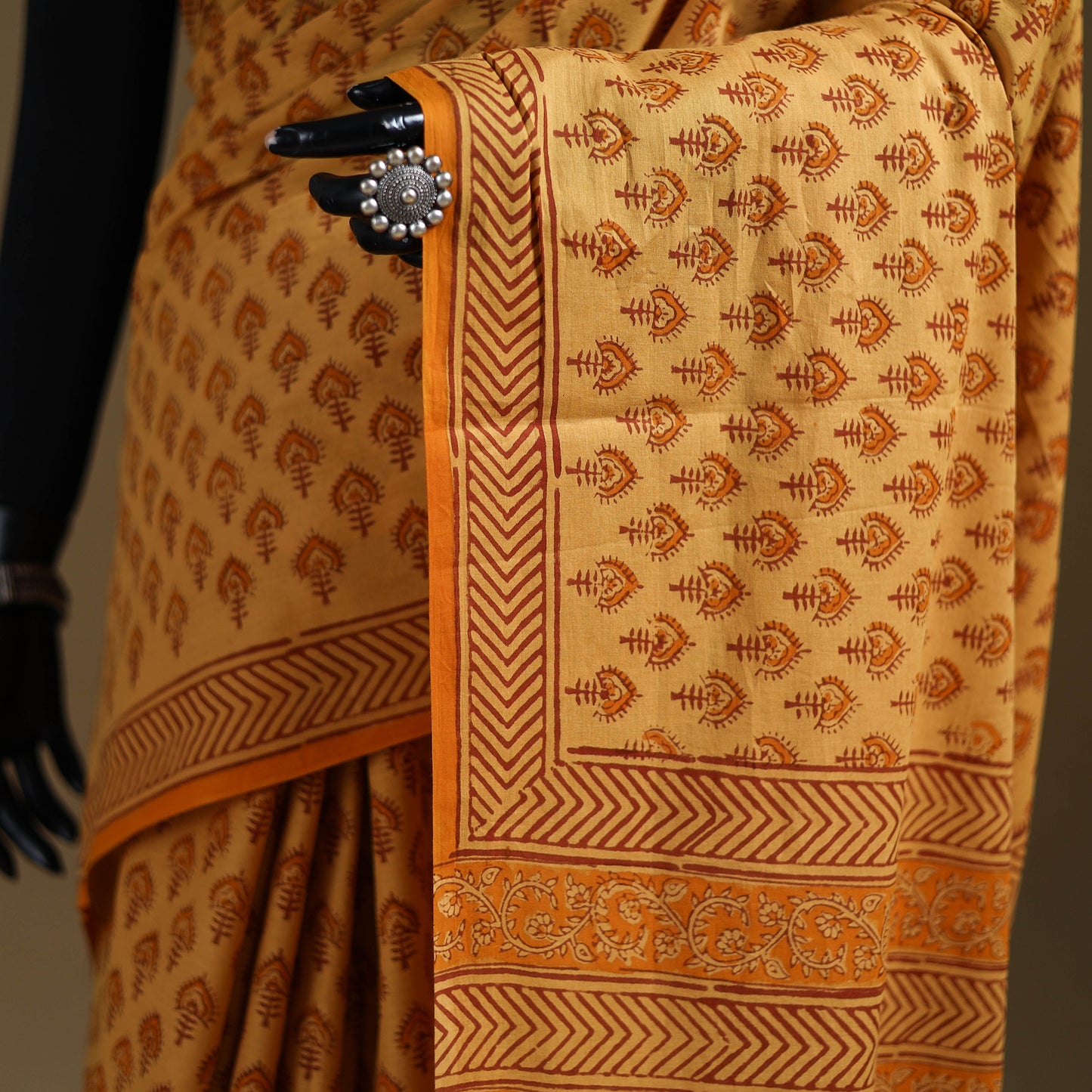 Yellow - Gamthi Hand Block Print Pure Mul Cotton Saree with Blouse Piece 51