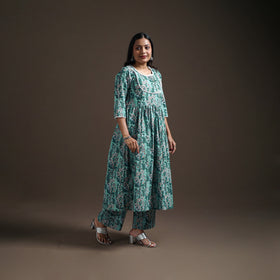 Green - floral sanganeri print cotton lace work flared