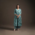 Green - floral sanganeri print cotton lace work flared