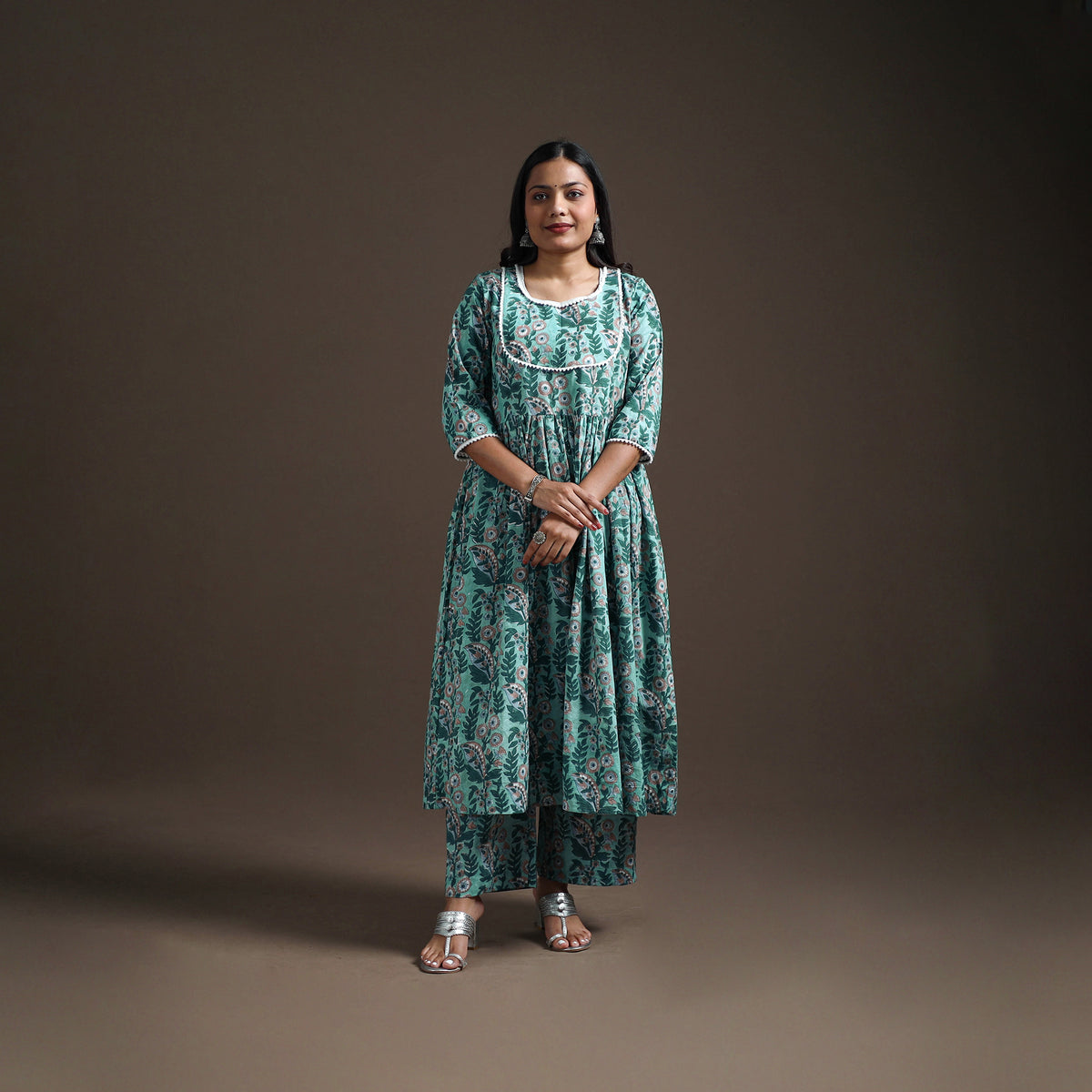 Green - floral sanganeri print cotton lace work flared