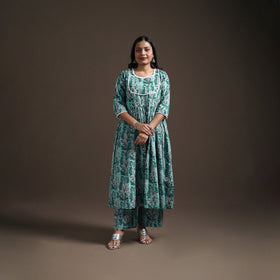 Green - floral sanganeri print cotton lace work flared