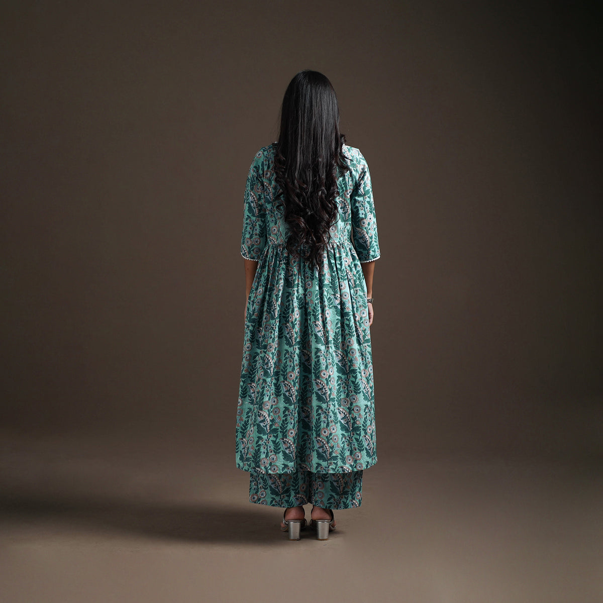 Green - floral sanganeri print cotton lace work flared