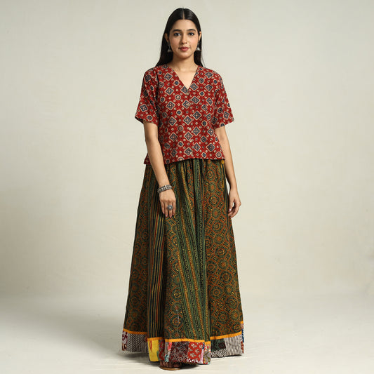 Multicolor - Ajrakh Block Printed 24 Kali Patchwork Cotton Long Skirt 24