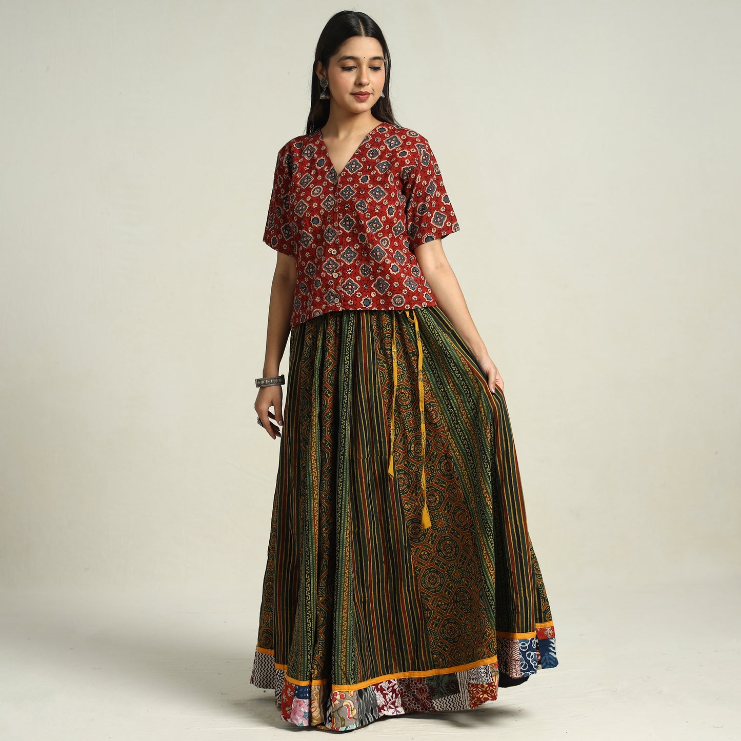 Multicolor - Ajrakh Block Printed 24 Kali Patchwork Cotton Long Skirt 24