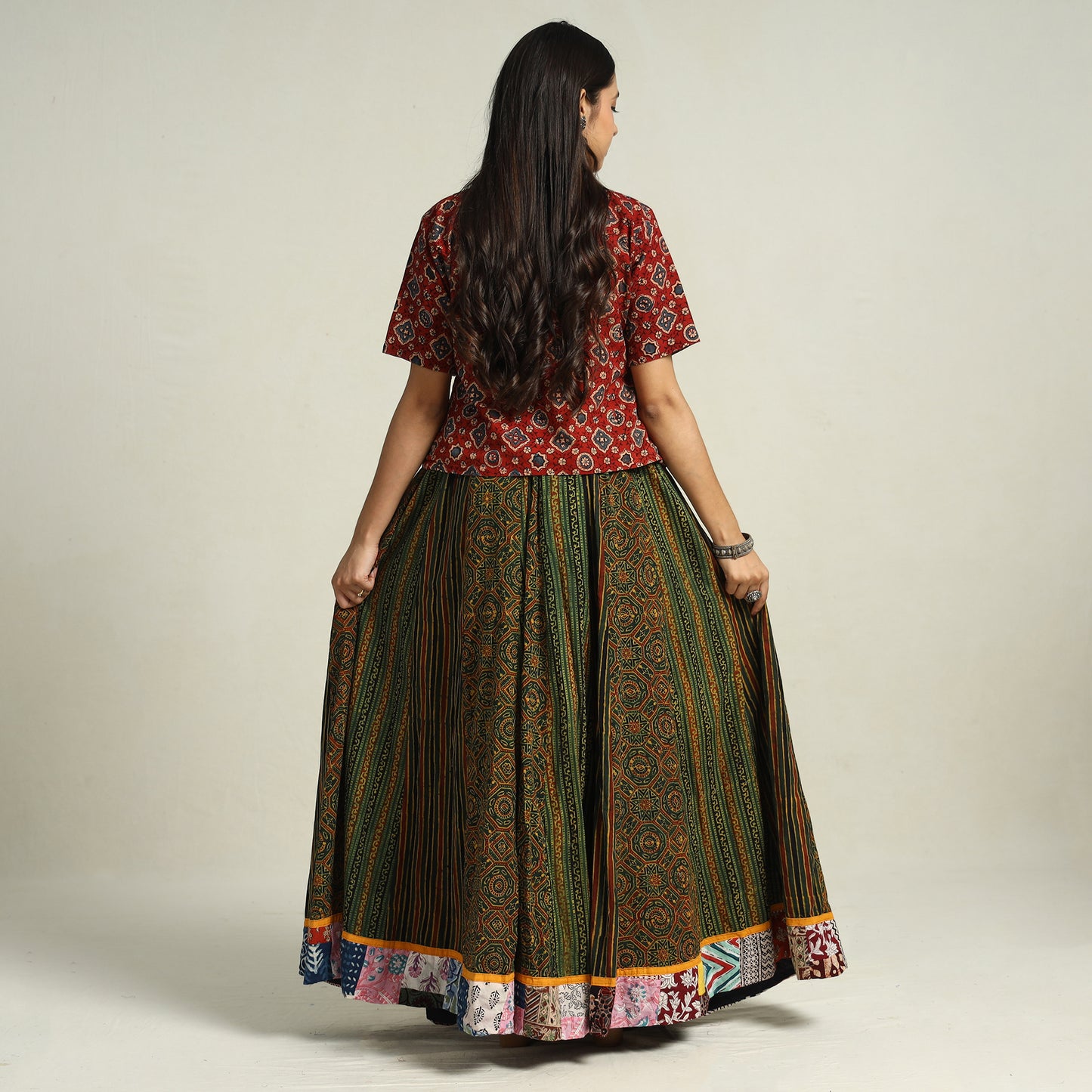 Multicolor - Ajrakh Block Printed 24 Kali Patchwork Cotton Long Skirt 24