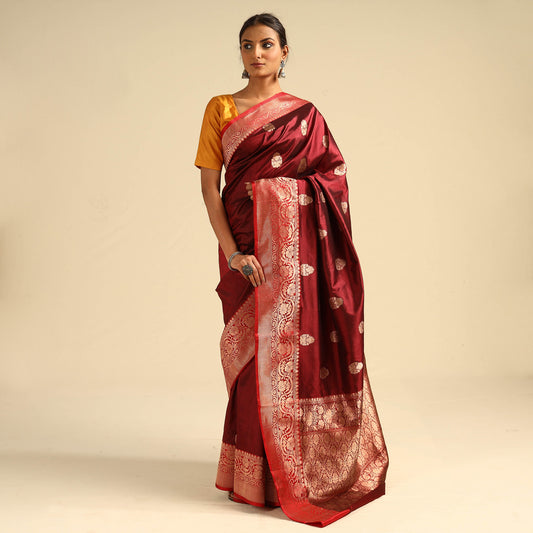 Maroon - Banarasi Handloom Pure Katan Silk Kaduwa Zari Buti Saree