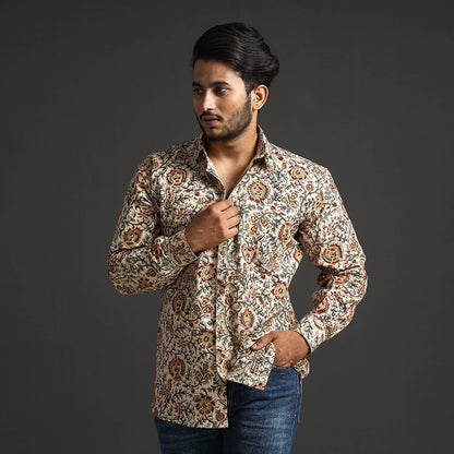 Beige - Premium Pedana Kalamkari Block Printed Cotton Men Full Sleeve Shirt