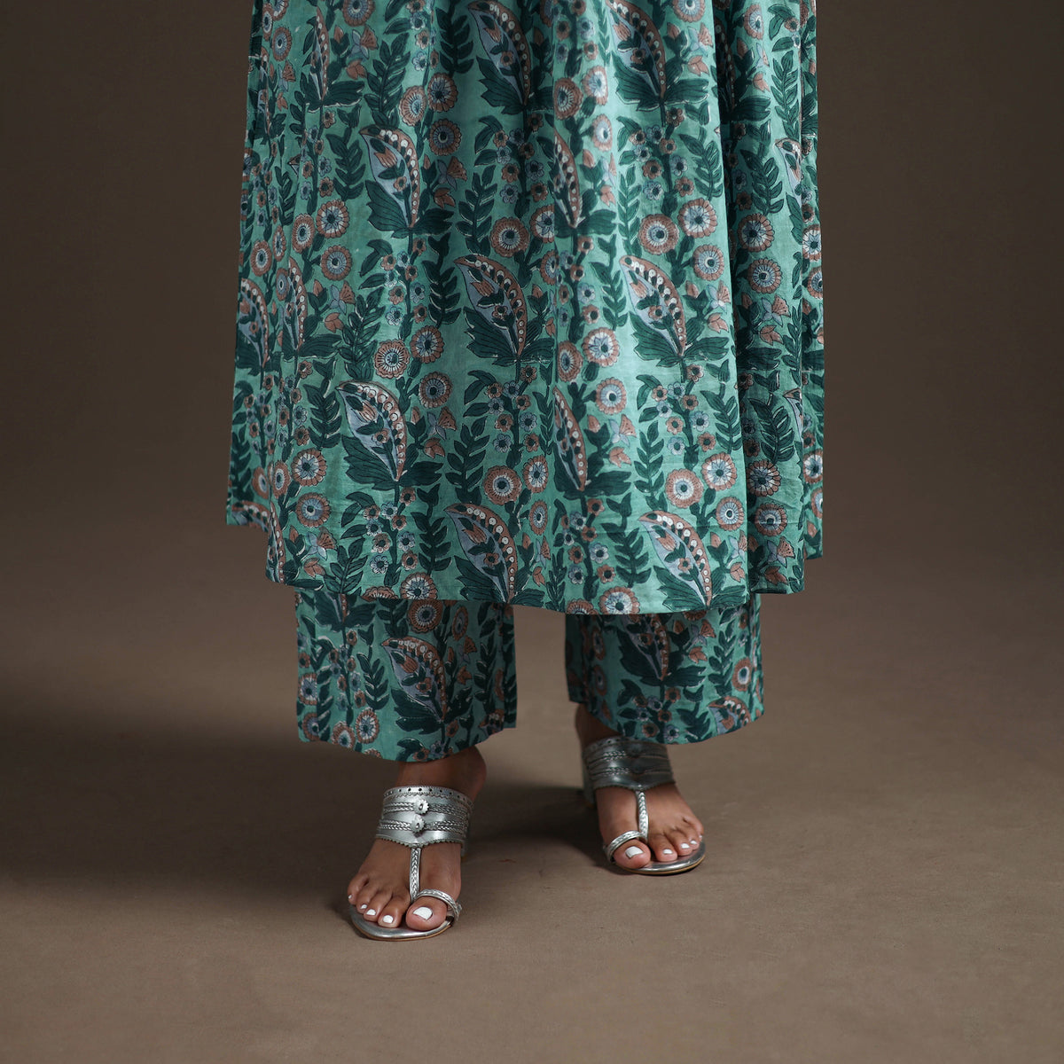 Green - floral sanganeri print cotton lace work flared
