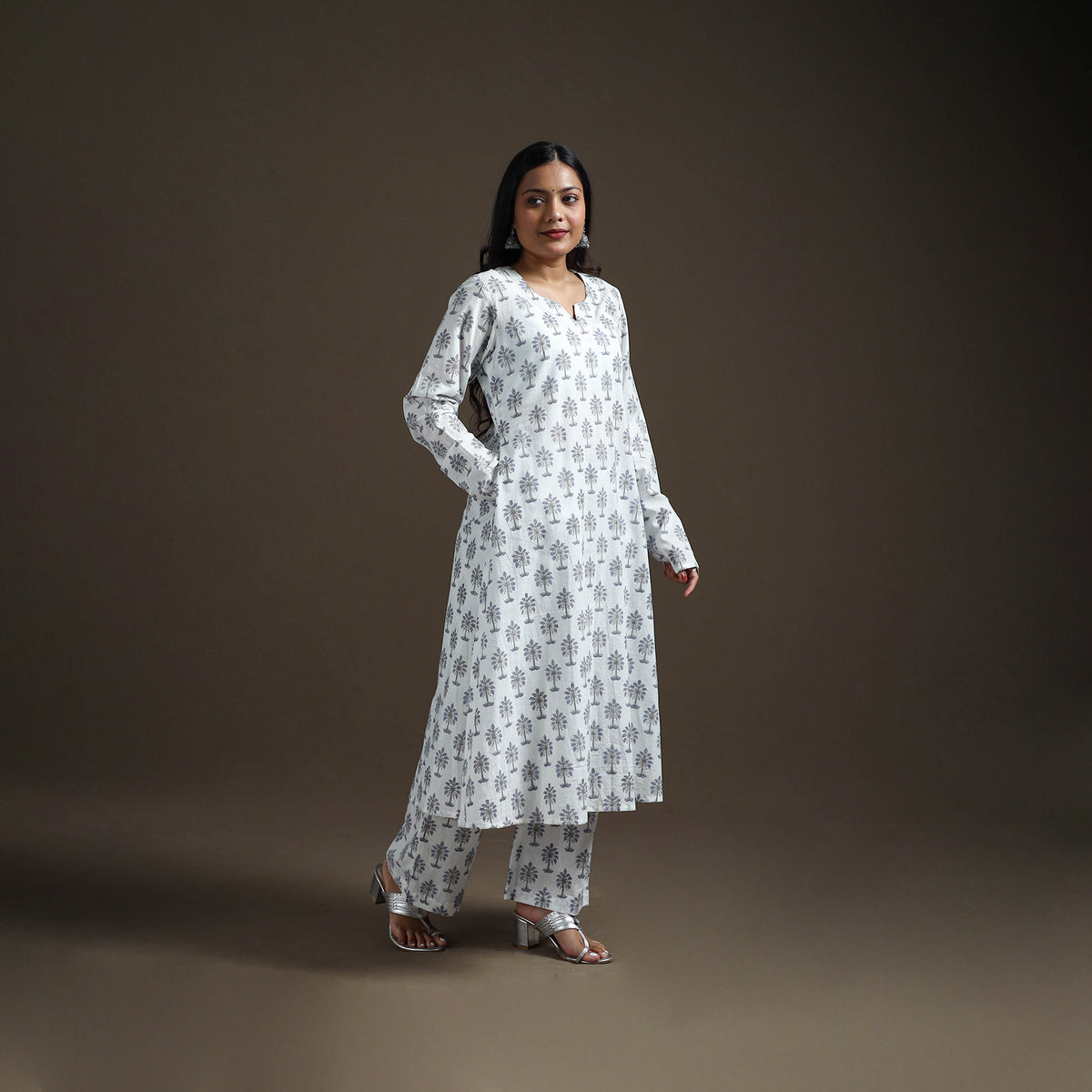 White - floral sanganeri print cotton a-line kurta