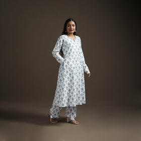 White - floral sanganeri print cotton a-line kurta