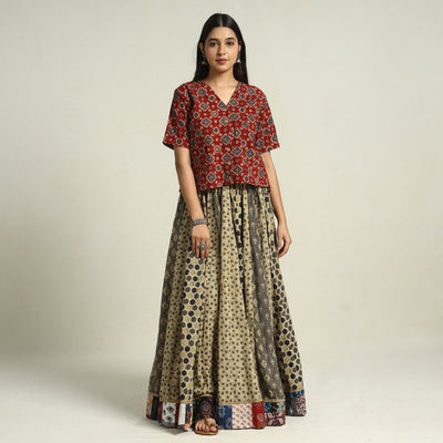 Multicolor - Ajrakh Block Printed 24 Kali Patchwork Cotton Long Skirt 25