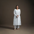 White - floral sanganeri print cotton a-line kurta
