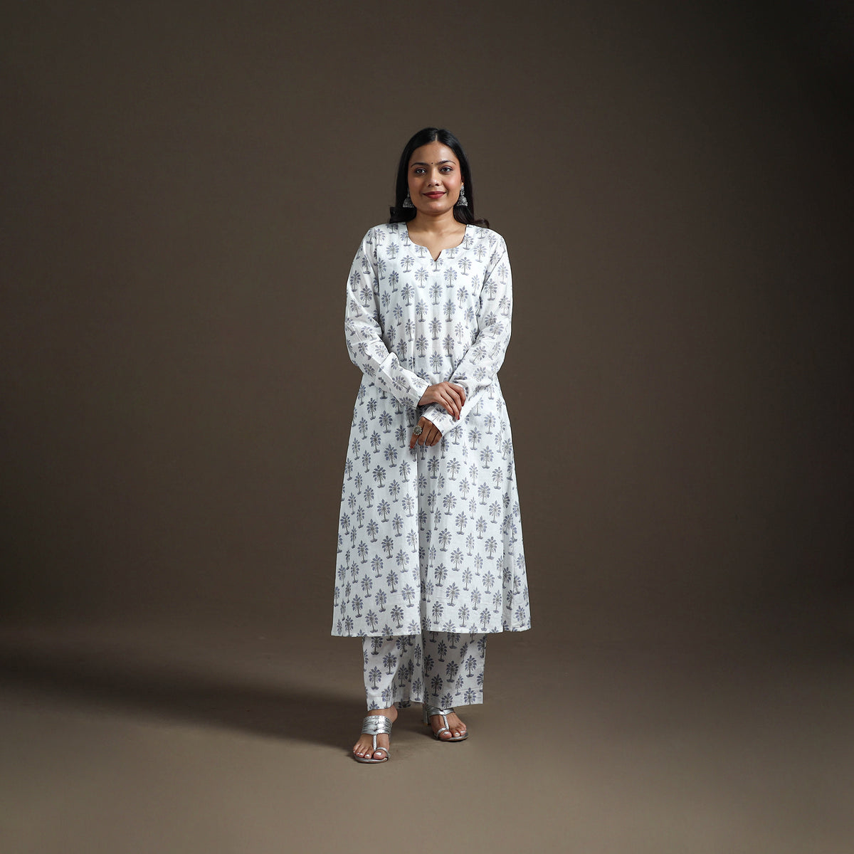 White - floral sanganeri print cotton a-line kurta