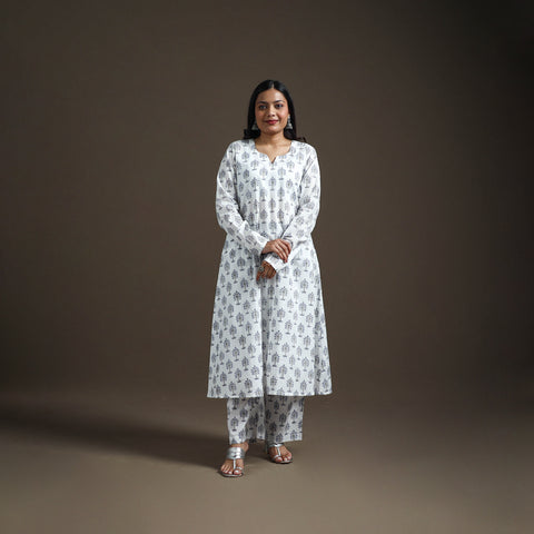 White - floral sanganeri print cotton a-line kurta