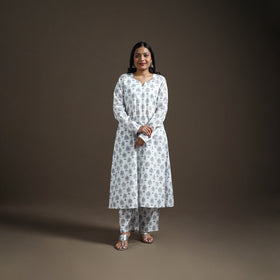 White - floral sanganeri print cotton a-line kurta