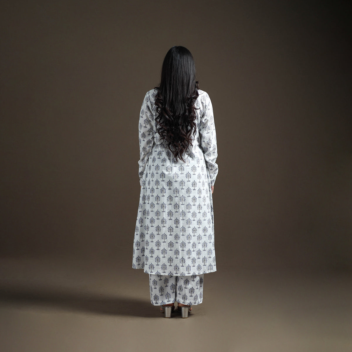 White - floral sanganeri print cotton a-line kurta