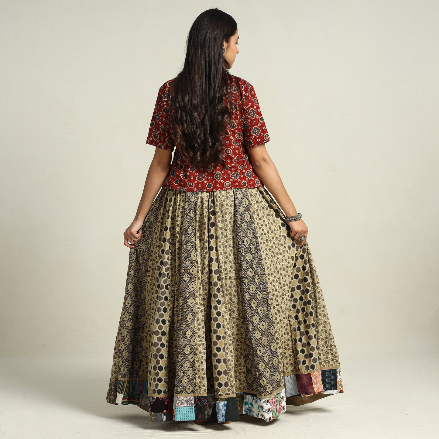 Multicolor - Ajrakh Block Printed 24 Kali Patchwork Cotton Long Skirt 25