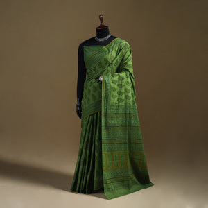 Green - Gamthi Hand Block Print Pure Mul Cotton Saree with Blouse Piece 54