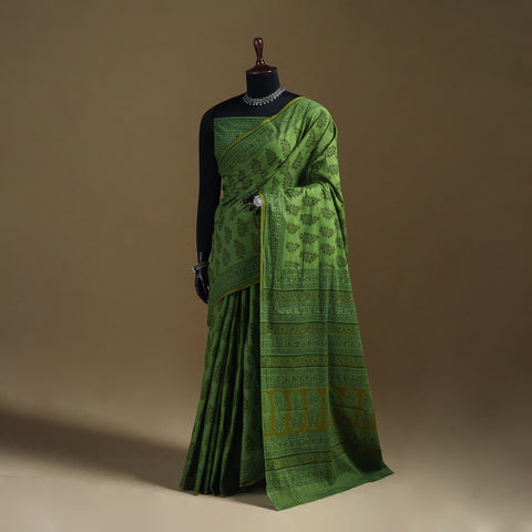 Green - Gamthi Hand Block Print Pure Mul Cotton Saree with Blouse Piece 54