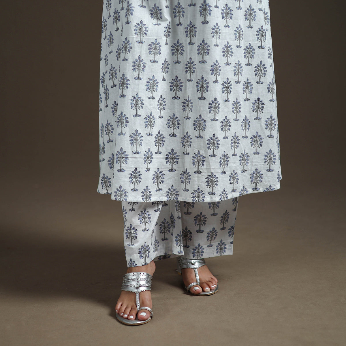 White - floral sanganeri print cotton a-line kurta