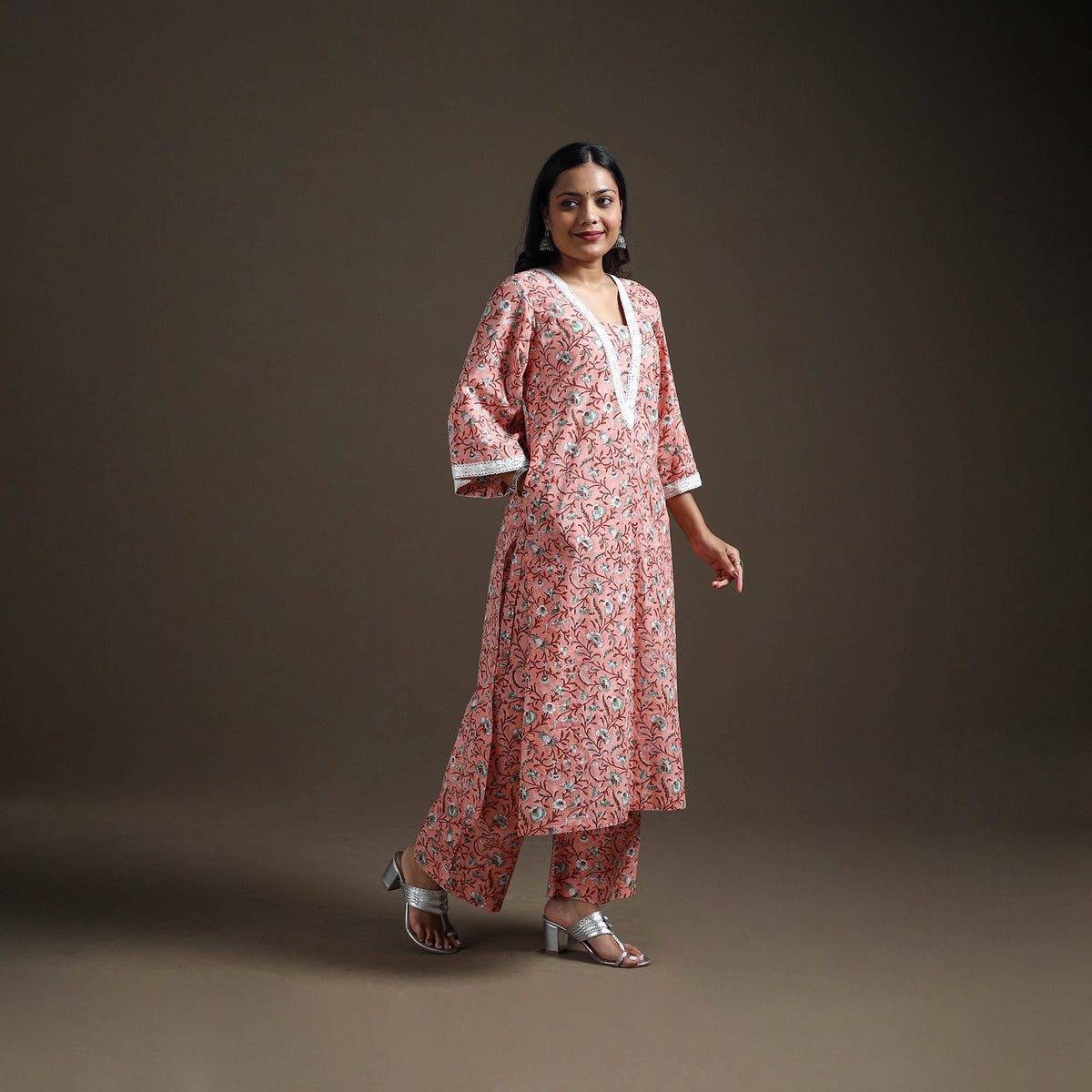 Pink - floral sanganeri print cotton lace work straight