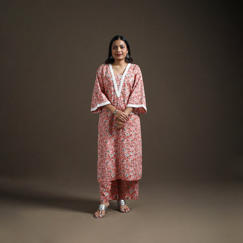 Pink - Floral Sanganeri Print Cotton Lace Work Straight Kurta with Palazzo Set for women 10