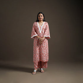 Pink - floral sanganeri print cotton lace work straight