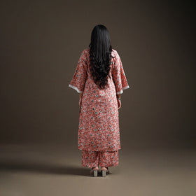 Pink - floral sanganeri print cotton lace work straight