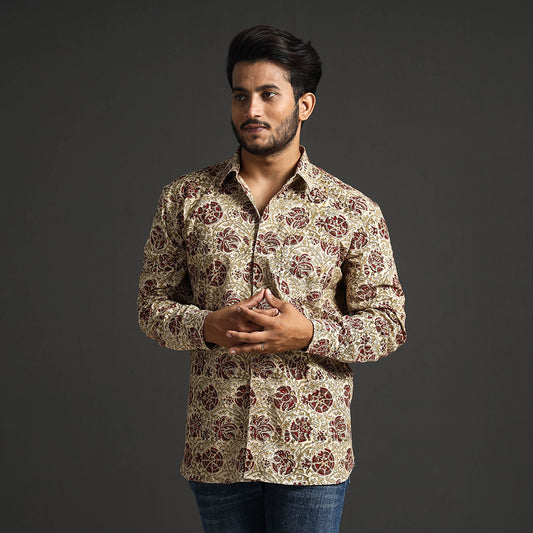 Beige - Premium Pedana Kalamkari Block Printed Cotton Men Full Sleeve Shirt
