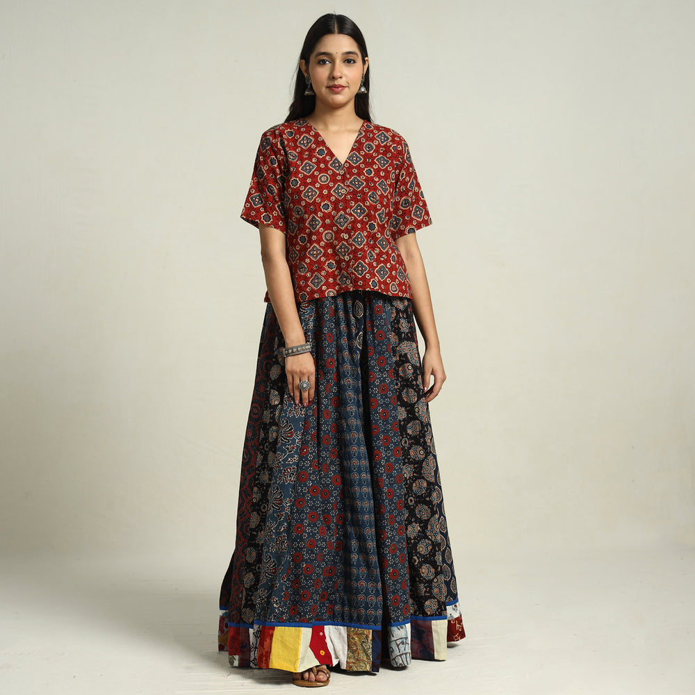 Multicolor - Ajrakh Block Printed 24 Kali Patchwork Cotton Long Skirt 27