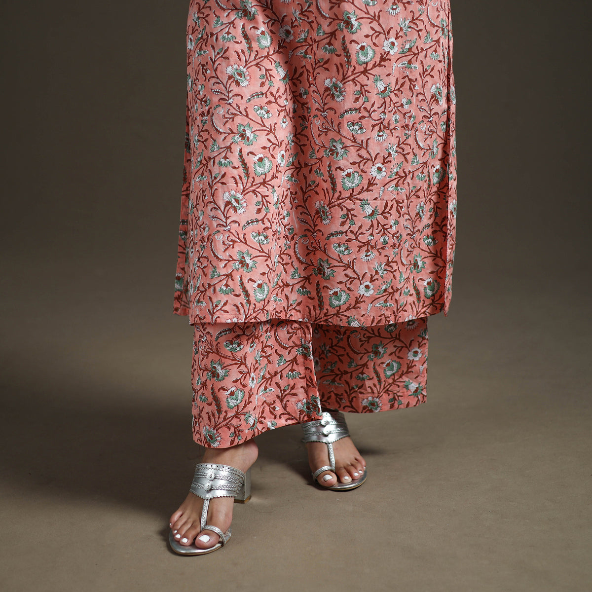 Pink - floral sanganeri print cotton lace work straight