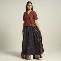 Multicolor - Ajrakh Block Printed 24 Kali Patchwork Cotton Long Skirt 27