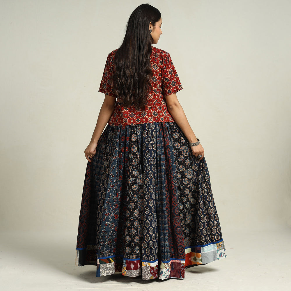 Multicolor - Ajrakh Block Printed 24 Kali Patchwork Cotton Long Skirt 27