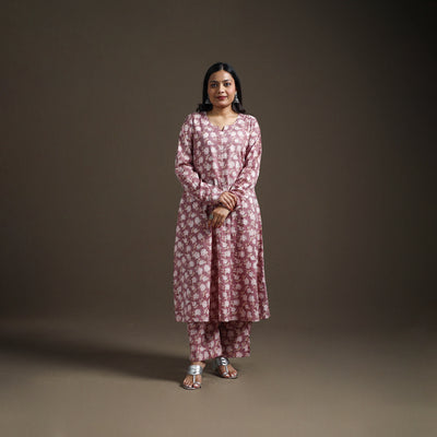 Purple - floral sanganeri print cotton a-line kurta