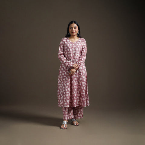 Purple - Floral Sanganeri Print Cotton A-Line Kurta with Palazzo Set for women 14