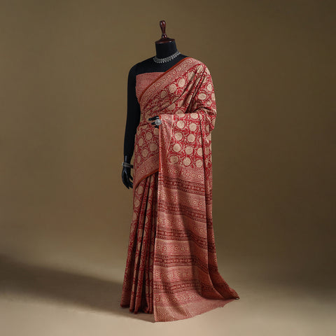 Red - Gamthi Hand Block Print Pure Mul Cotton Saree with Blouse Piece 57