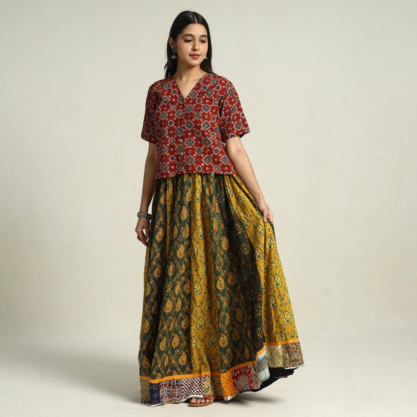 Multicolor - Ajrakh Block Printed 24 Kali Patchwork Cotton Long Skirt 28