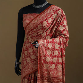 Red - Gamthi Hand Block Print Pure Mul Cotton Saree with Blouse Piece 57