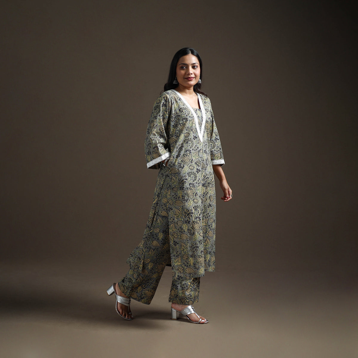 Grey - floral sanganeri print cotton lace work straight