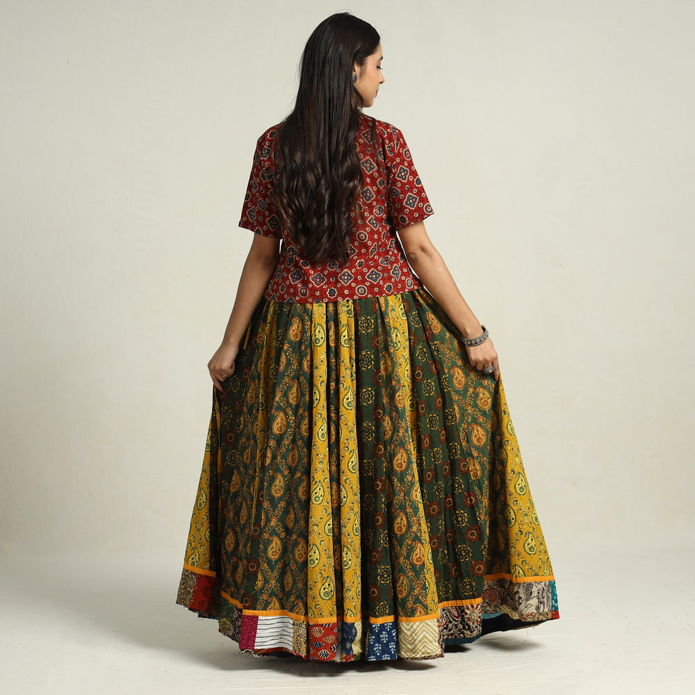 Multicolor - Ajrakh Block Printed 24 Kali Patchwork Cotton Long Skirt 28