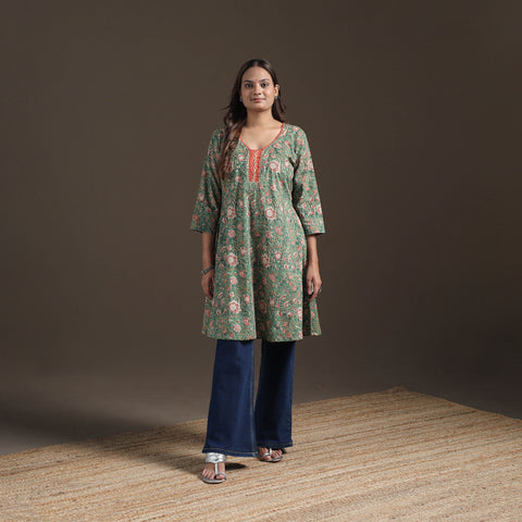 Sequin Work Sanganeri Floral Print Cotton A-Line Kurta for Women 09