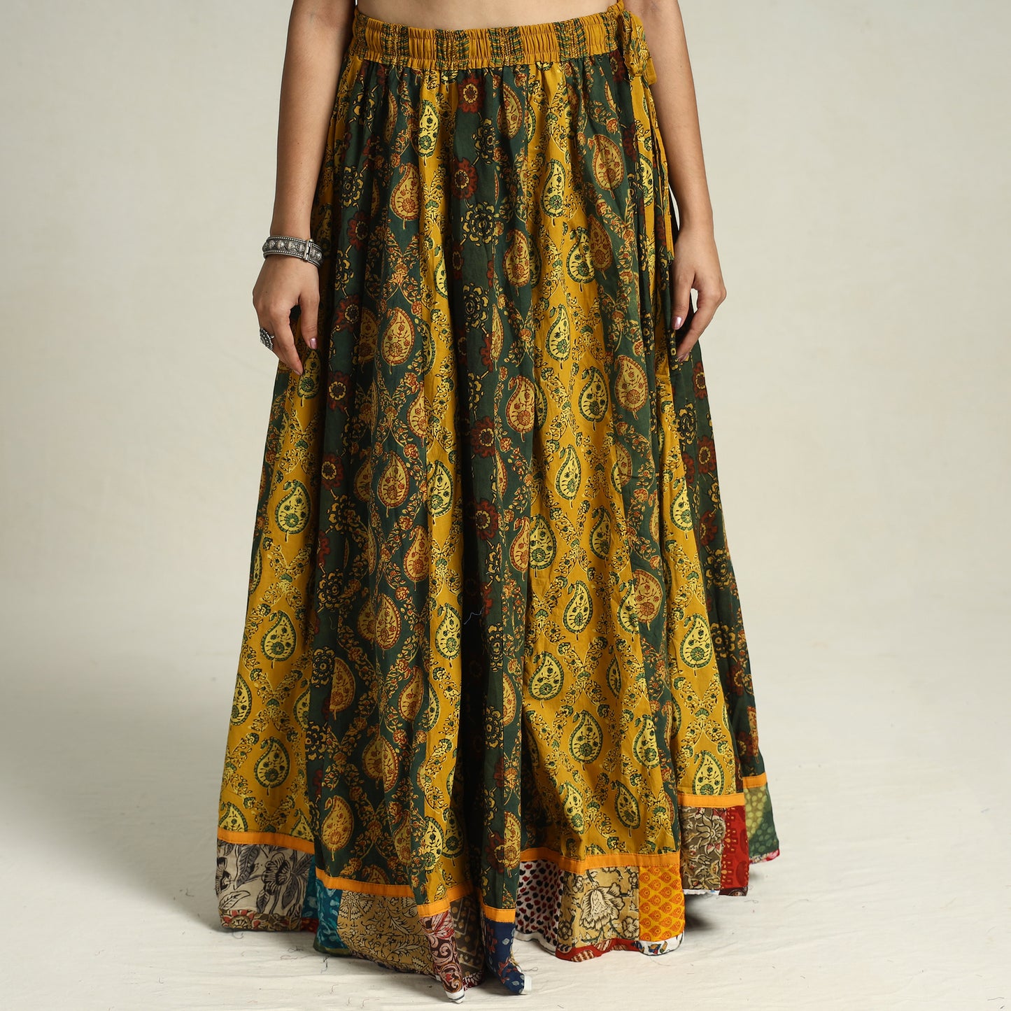 Multicolor - Ajrakh Block Printed 24 Kali Patchwork Cotton Long Skirt 28