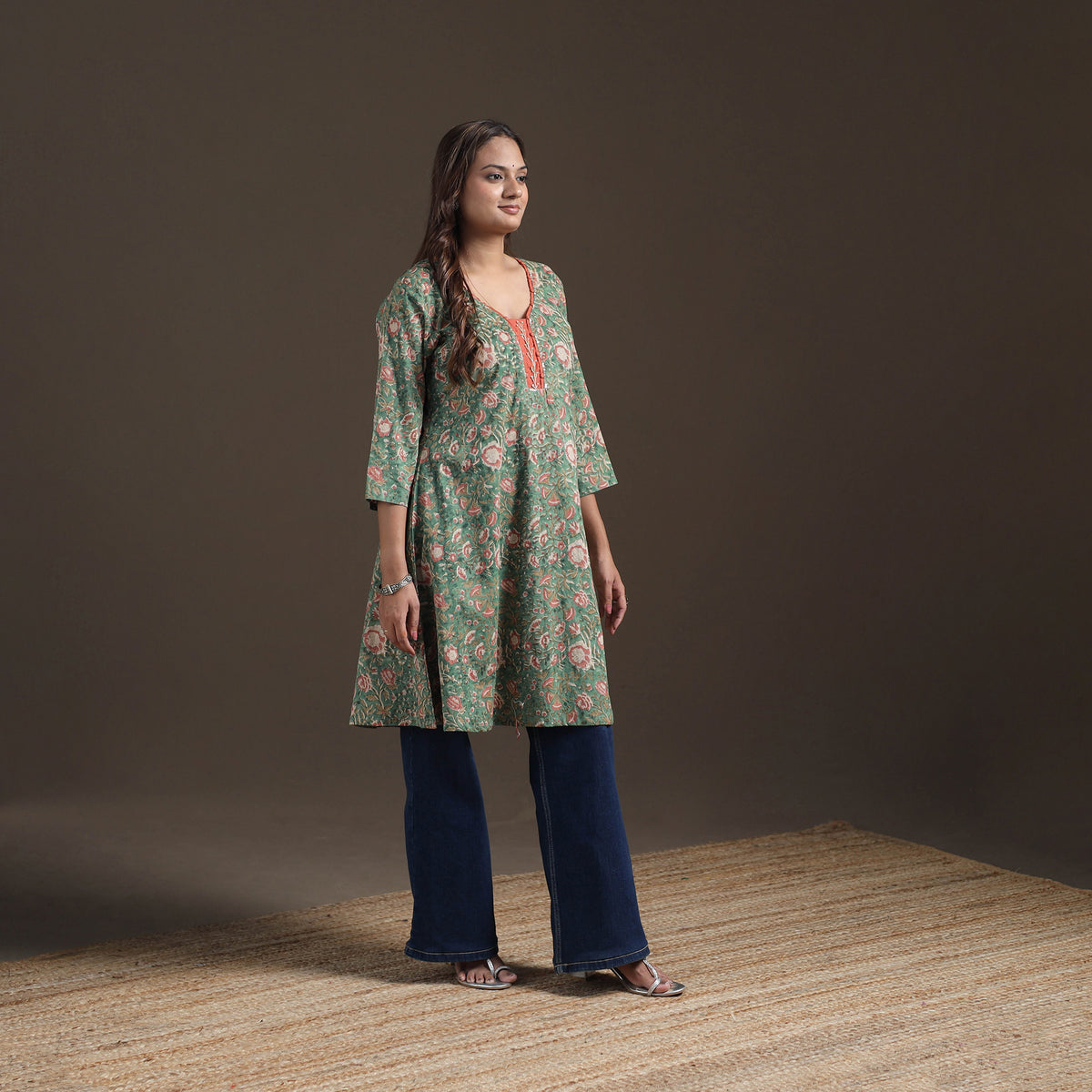 Sequin Work Sanganeri Floral Print Cotton A-Line Kurta for Women 09