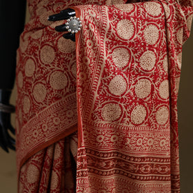 Red - Gamthi Hand Block Print Pure Mul Cotton Saree with Blouse Piece 57