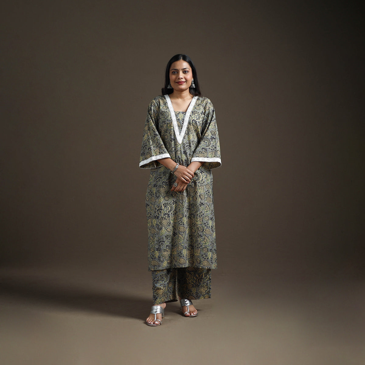 Grey - floral sanganeri print cotton lace work straight