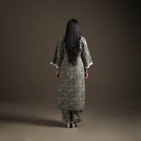 Grey - floral sanganeri print cotton lace work straight