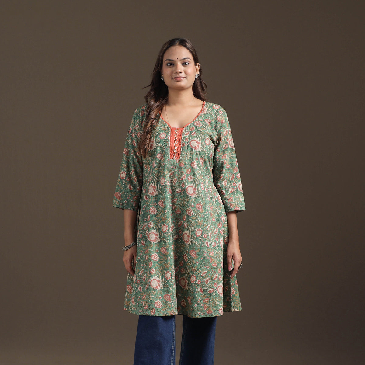 Sequin Work Sanganeri Floral Print Cotton A-Line Kurta for Women 09