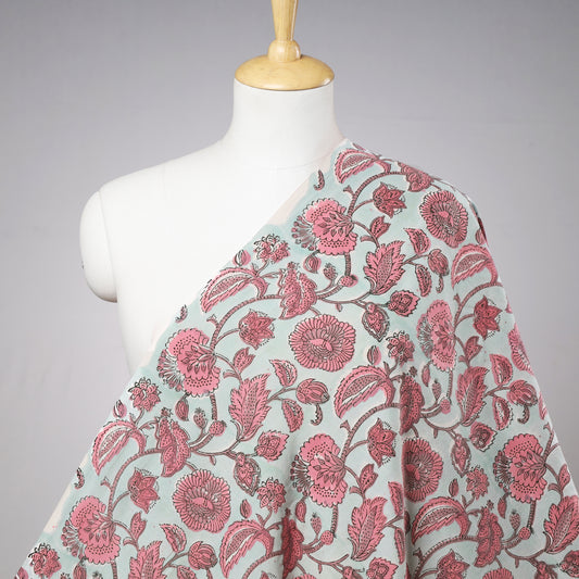 Pink Floral Jaal Design Sanganeri Block Printed Cotton Fabric